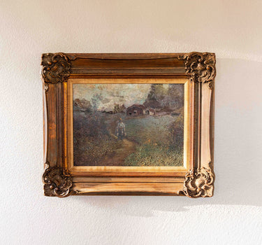 ANTIQUE FIGURAL FARM LANDSCAPE OIL PAINTING, SIGNED