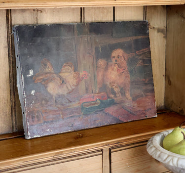 Vintage Country Farm Oil Painting | Dog & Hen