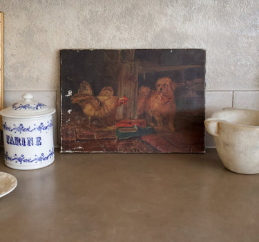 Vintage Country Farm Oil Painting | Dog & Hen
