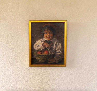 VINTAGE EUROPEAN BOY WITH APPLE BASKET OIL ON CANVAS PAINTING, 20TH CENTURY