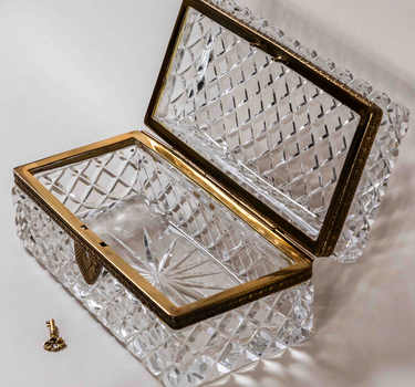 Antique French Baccarat Crystal Casket with Gold Feet and Key Crystal