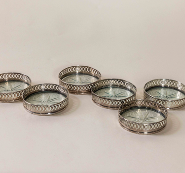 Antique Sterling Silver and Cut Crystal Drink Coasters, Set of 6, Circa 1920's