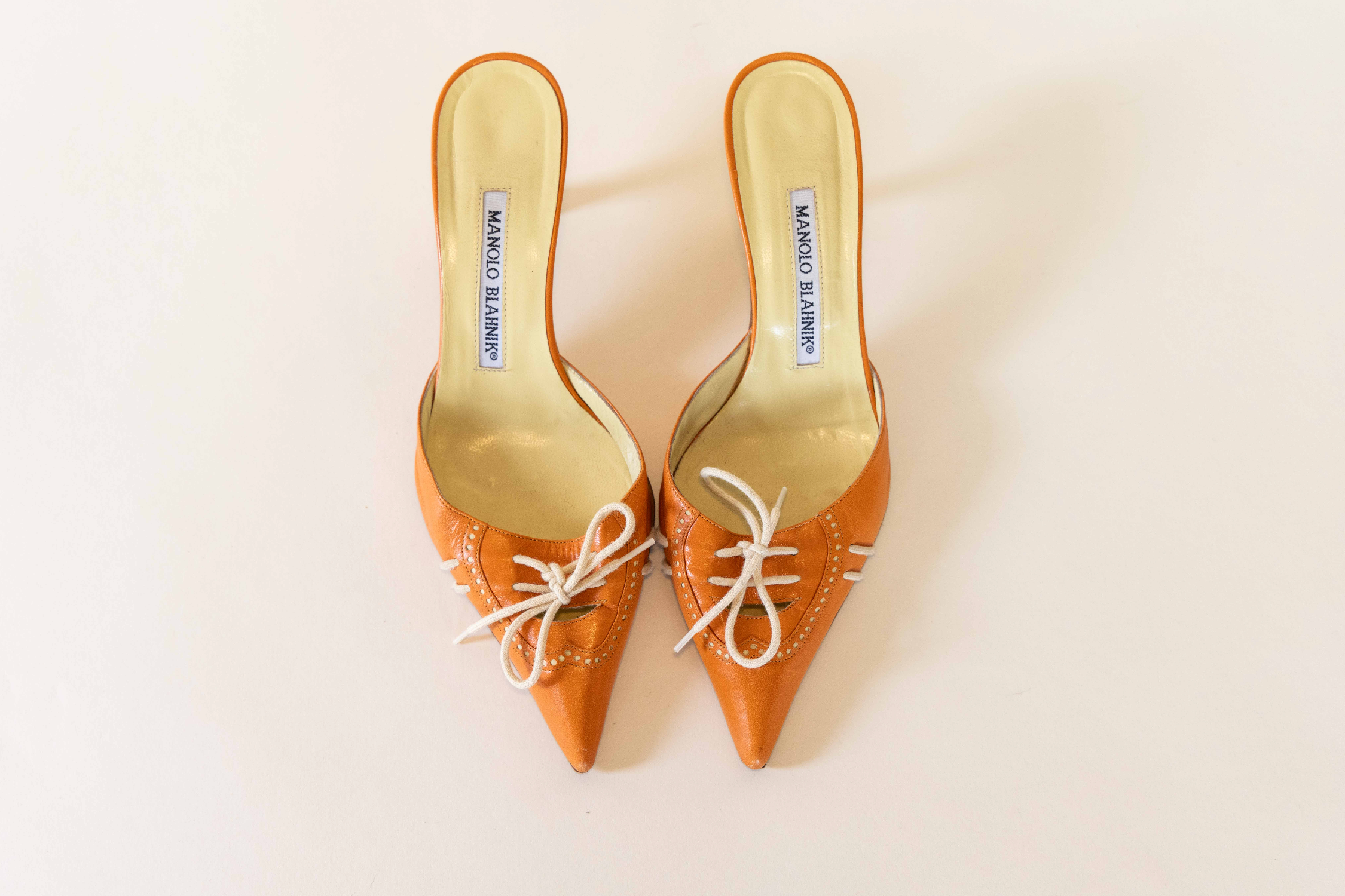 Manolo Blahnik Orange Lace Up Kitten Mule Heels IT 36.5 – By Mae
