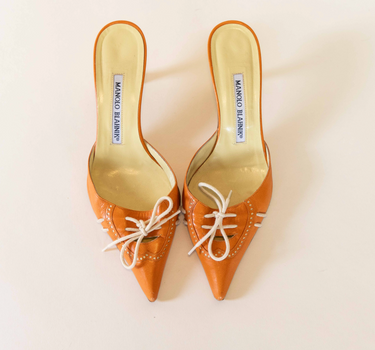 Manolo Blahnik Orange Lace Up Kitten Mule Heels IT 36.5